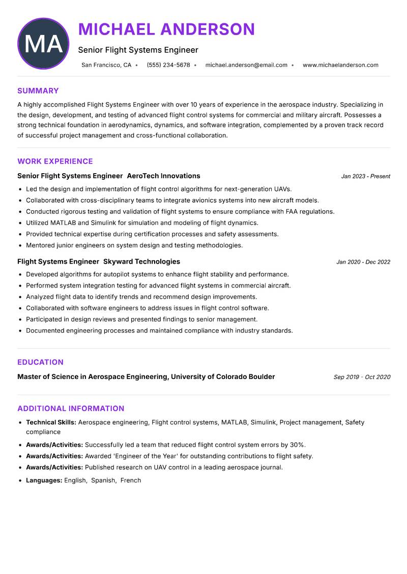 Flight Systems Engineer Resume Preview Example
