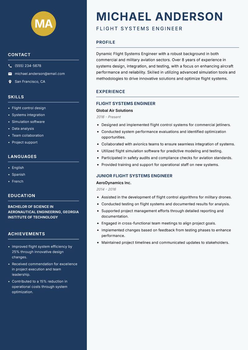Flight Systems Engineer Resume Preview Example