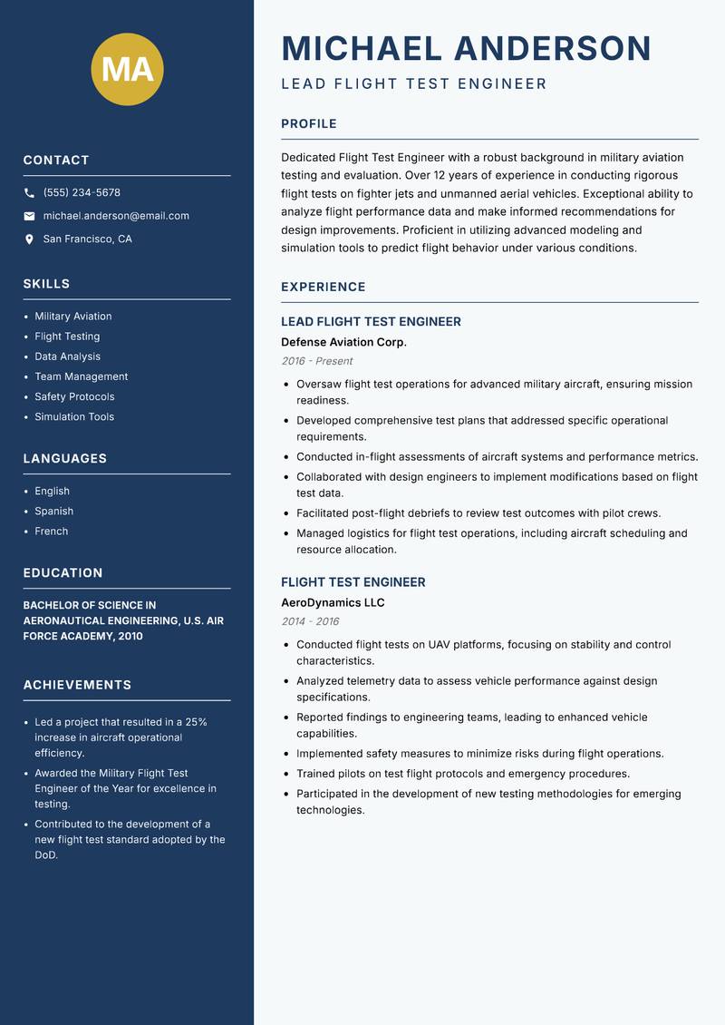Flight Test Engineer Resume Preview Example