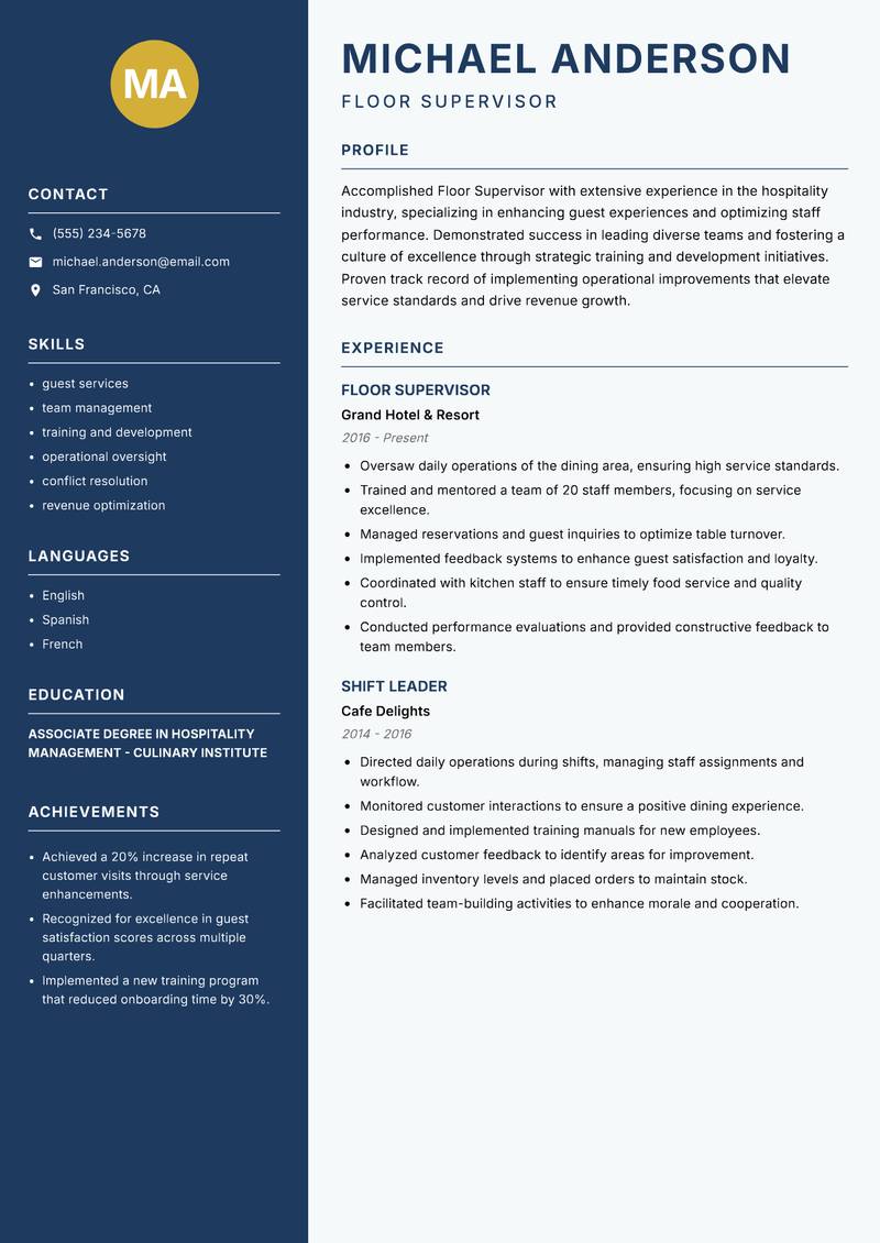 Floor Supervisor Resume Preview Example