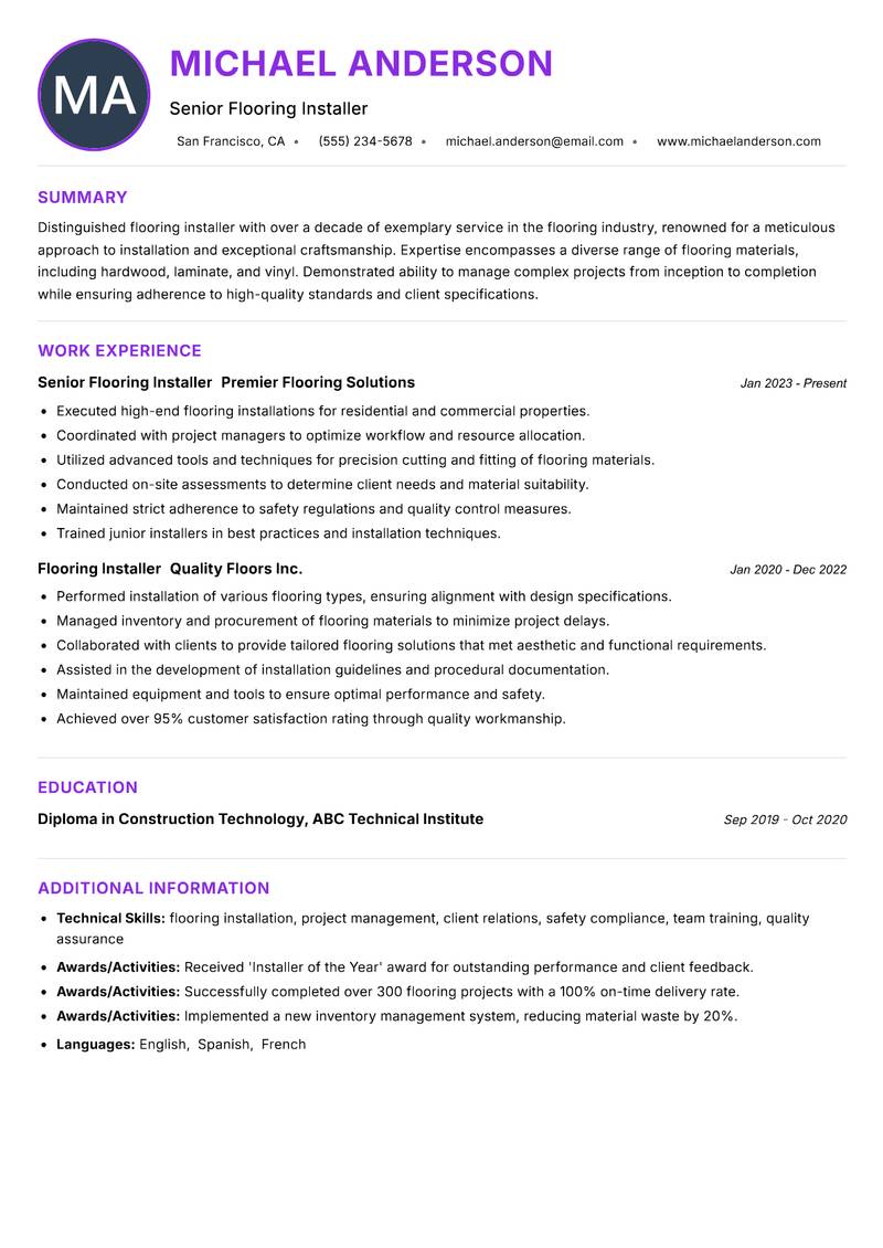 Flooring Installer Resume Preview Example