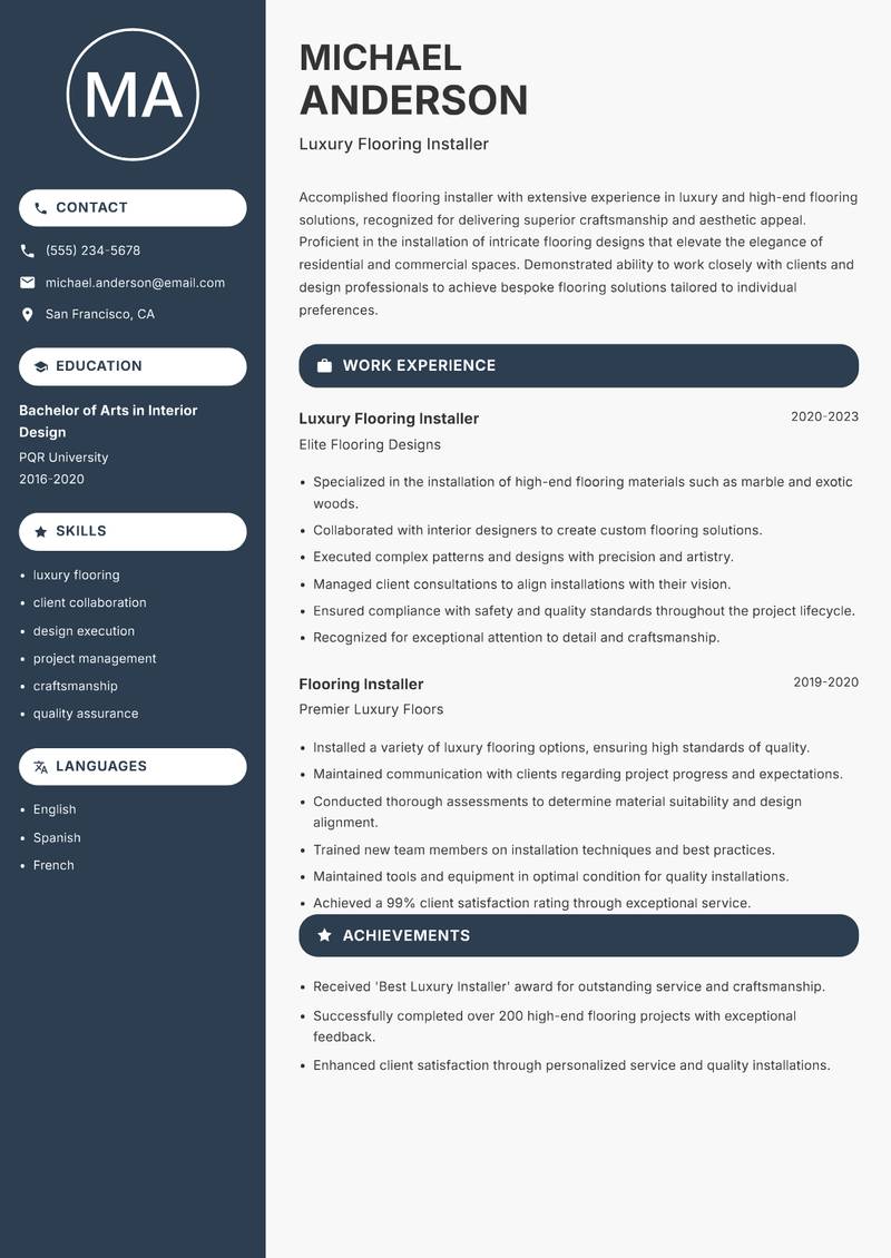 Flooring Installer Resume Preview Example