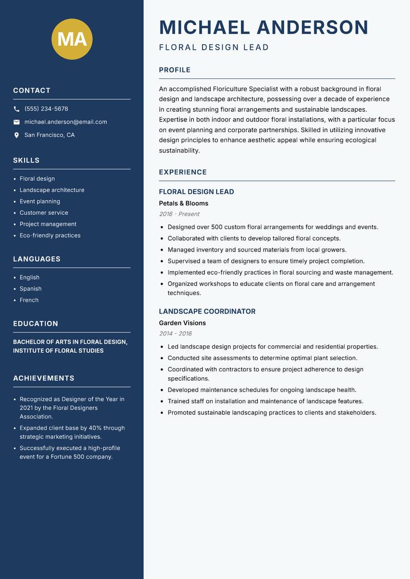 Floriculture Specialist Resume Preview Example
