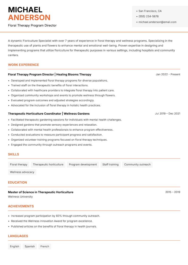 Floriculture Specialist Resume Template