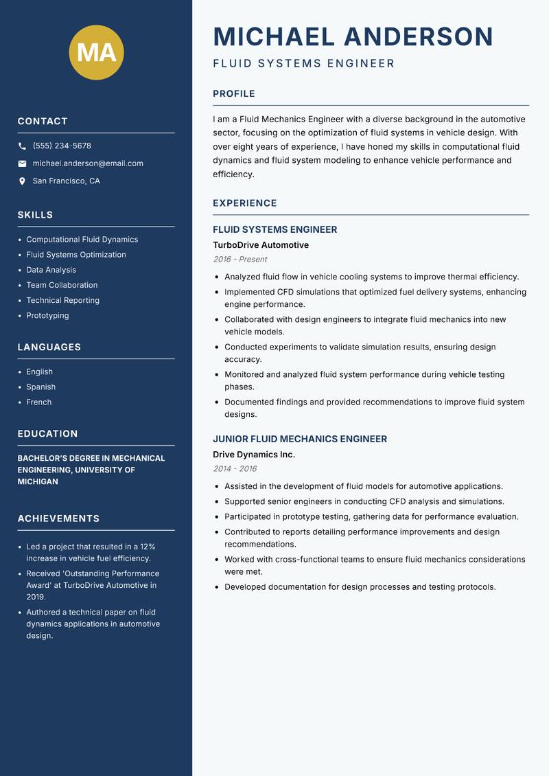 Fluid Mechanics Engineer Resume Preview Example