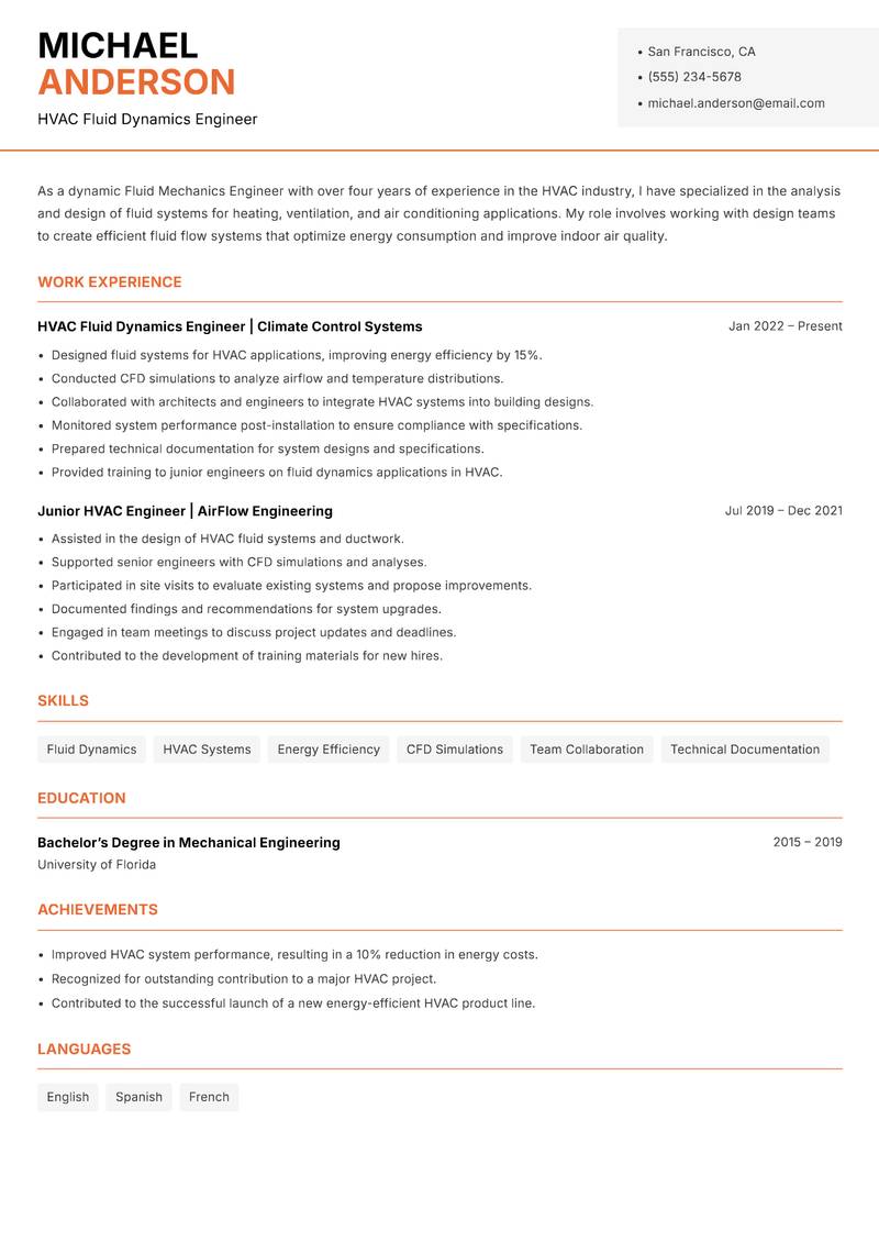 Fluid Mechanics Engineer Resume Template