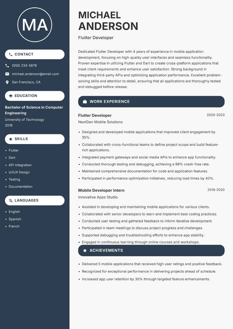 Flutter Developer Resume Preview Example