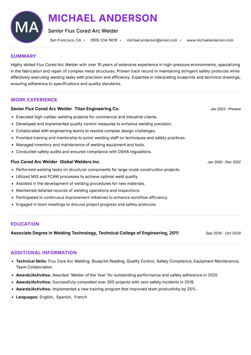 Flux Cored Arc Welder Resume Preview Example