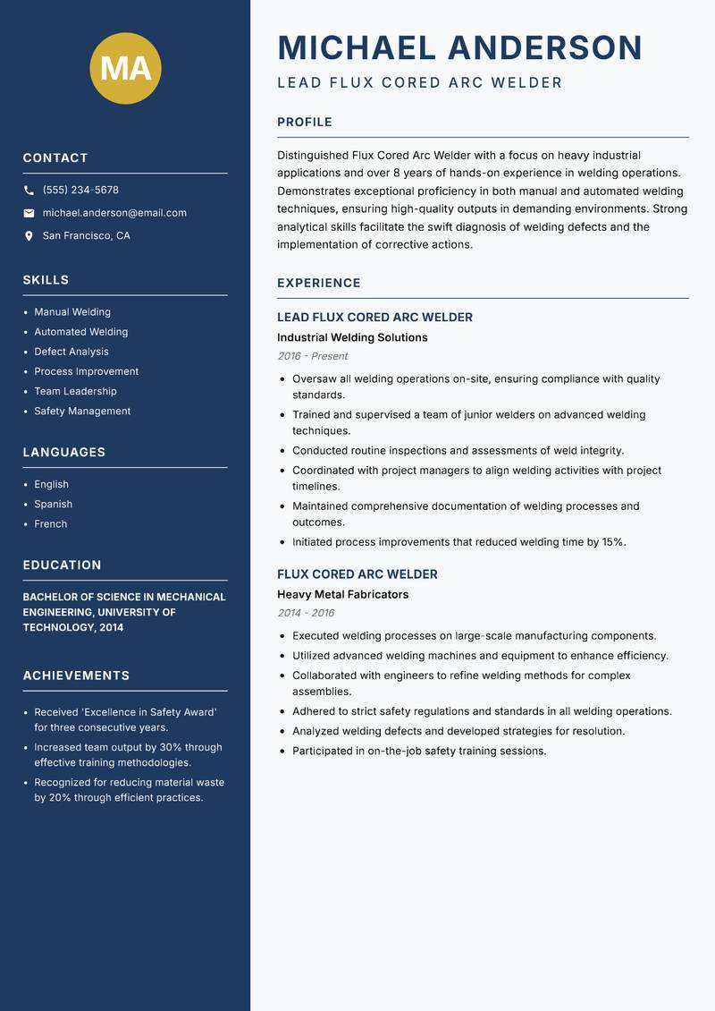 Flux Cored Arc Welder Resume Preview Example