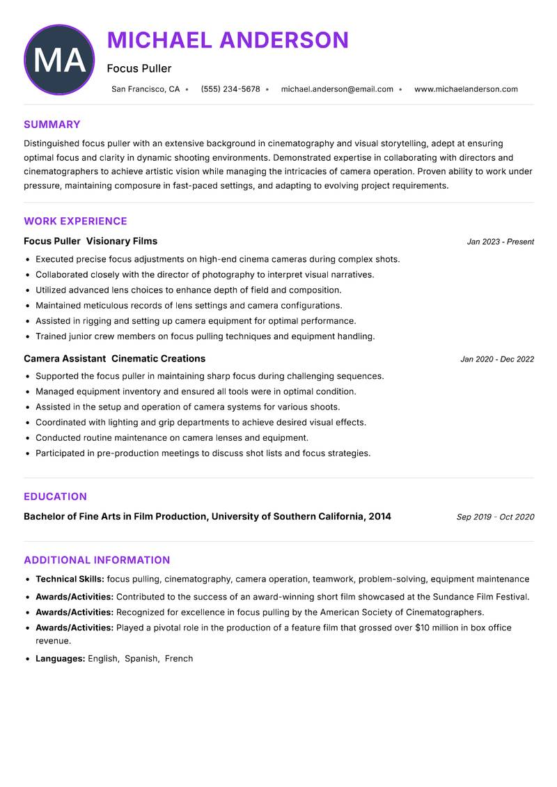 Focus Puller Resume Preview Example