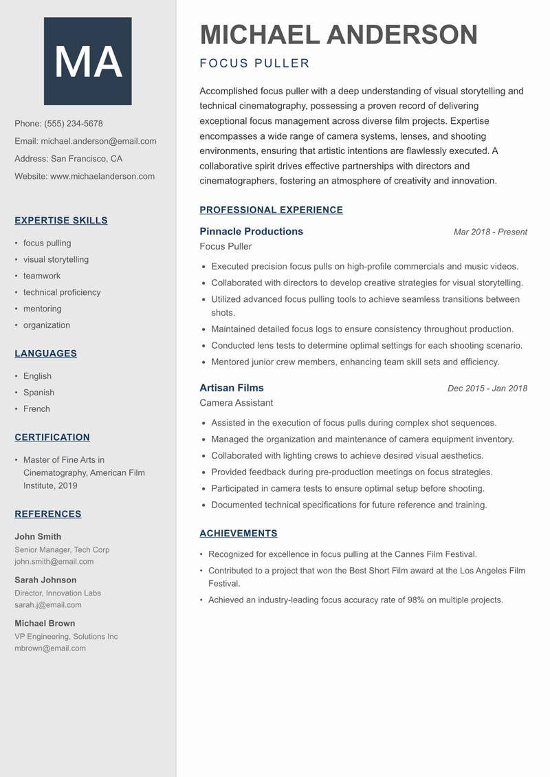 Focus Puller Resume Preview Example