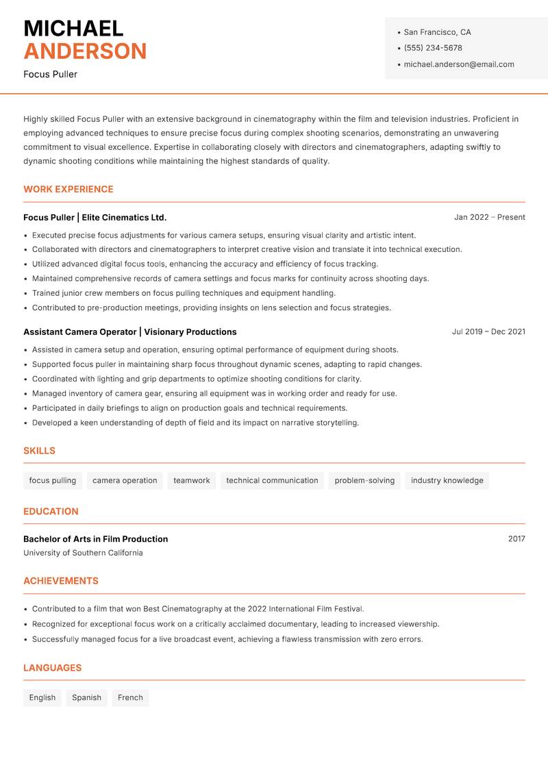 Focus Puller Resume Template