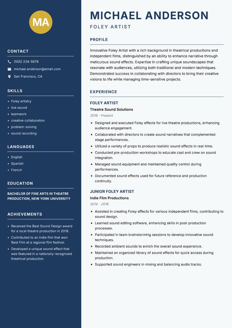 Foley Artist Resume Preview Example