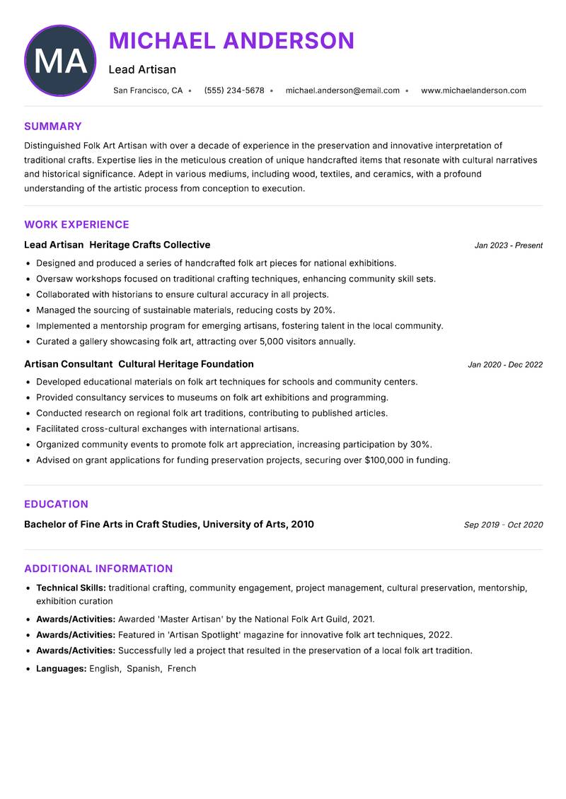 Folk Art Artisan Resume Preview Example