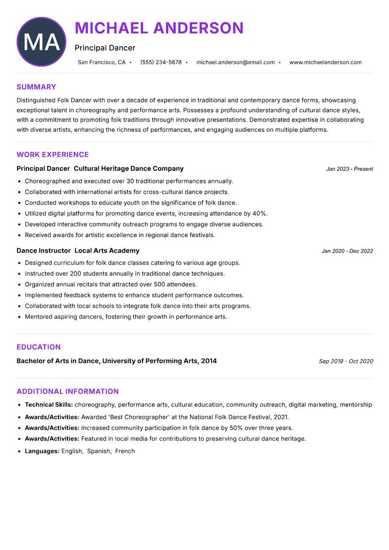 Folk Dancer Resume Preview Example