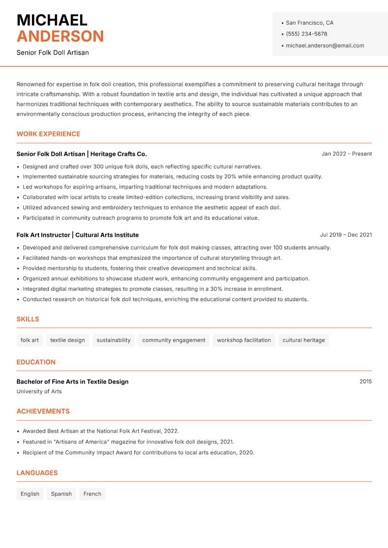 Folk Doll Maker Resume Template