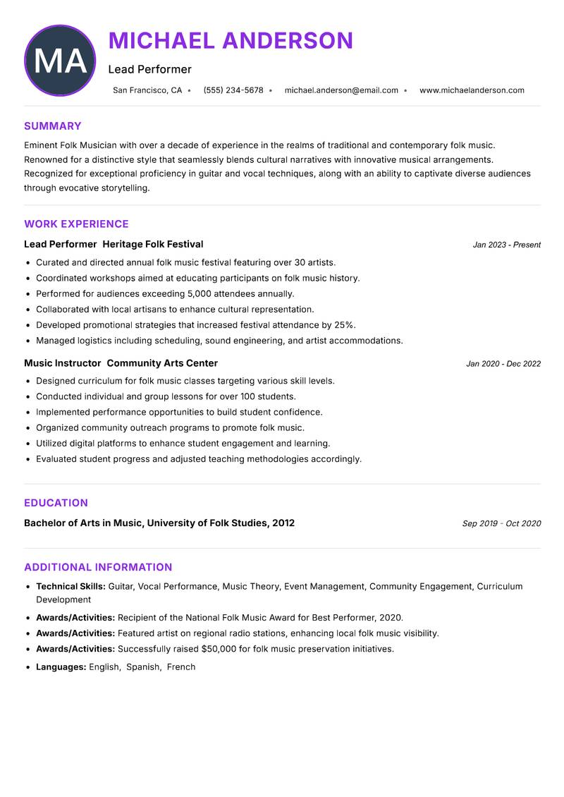 Folk Musician Resume Preview Example