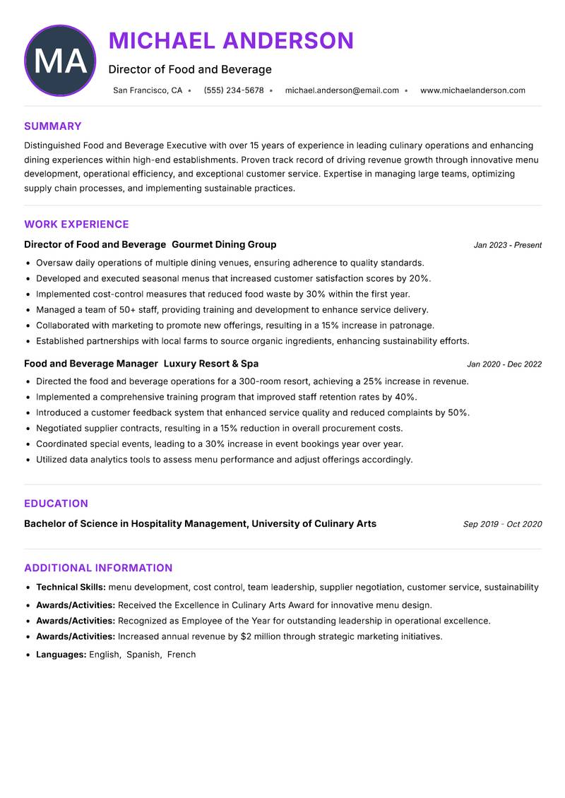 Food and Beverage Executive Resume Preview Example