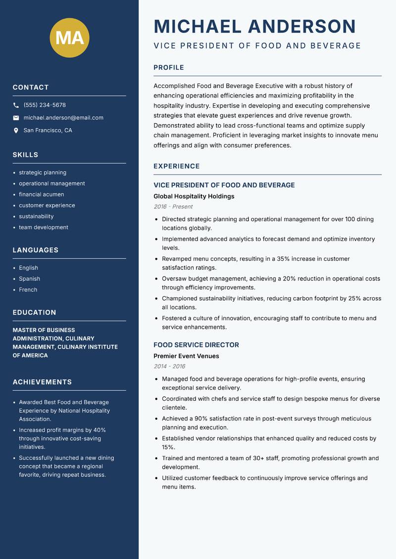 Food and Beverage Executive Resume Preview Example
