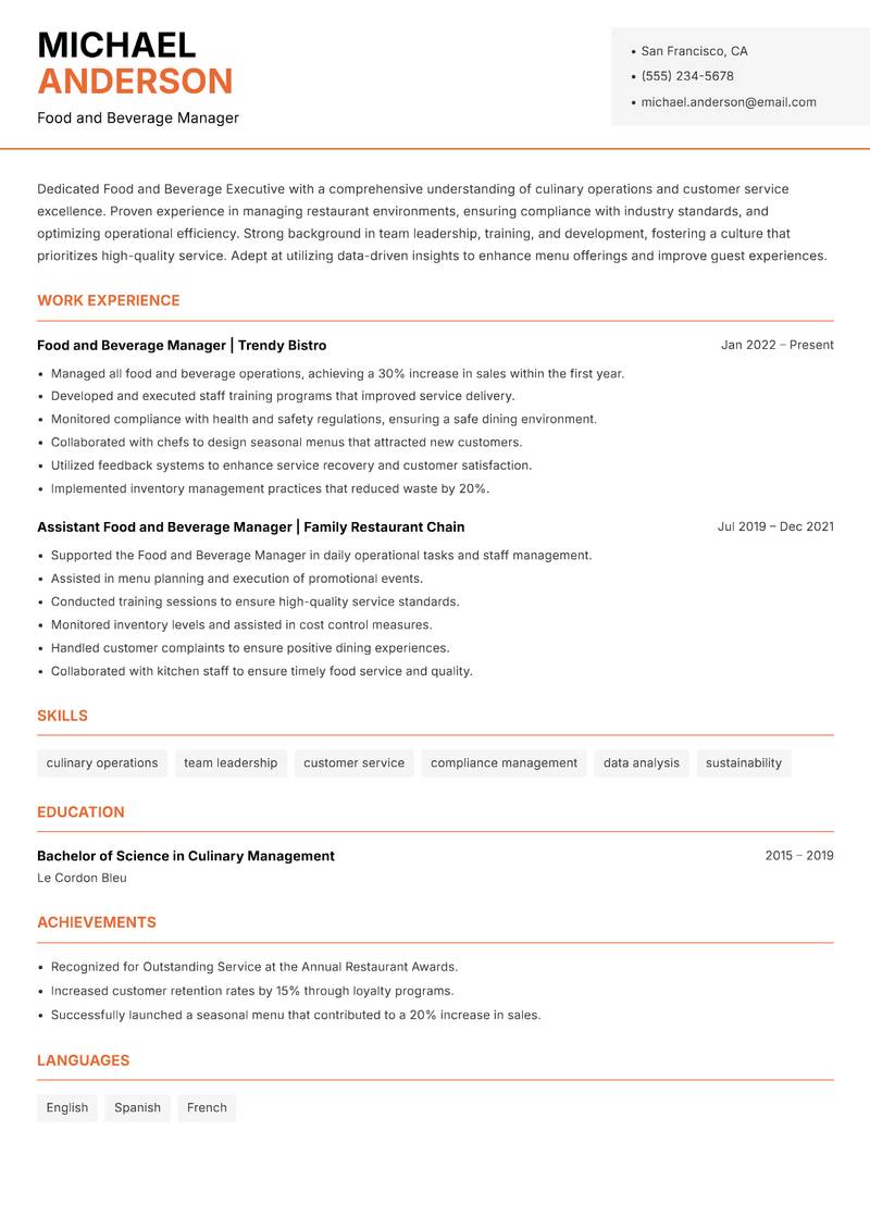 Food and Beverage Executive Resume Template