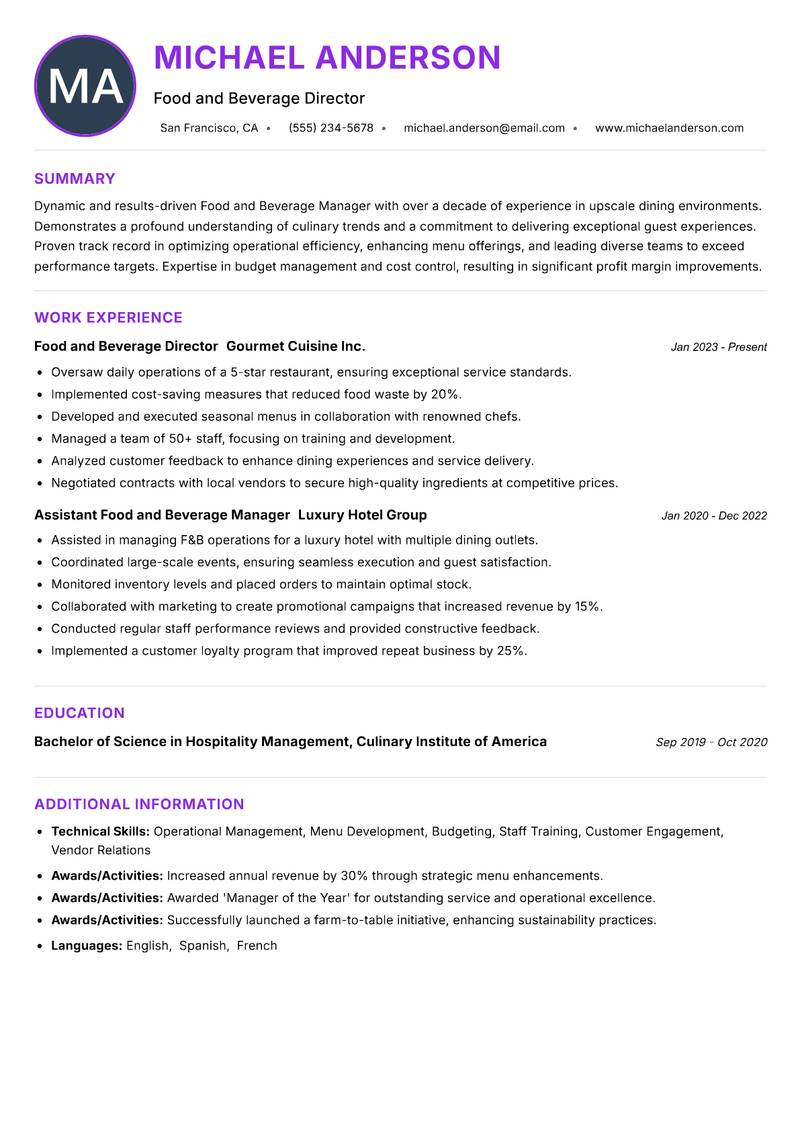 Food and Beverage Manager Resume Preview Example