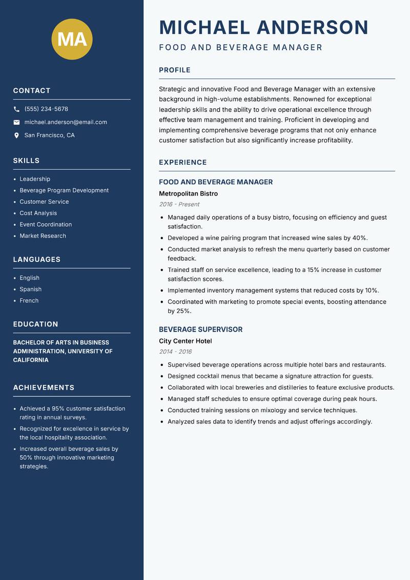 Food and Beverage Manager Resume Preview Example