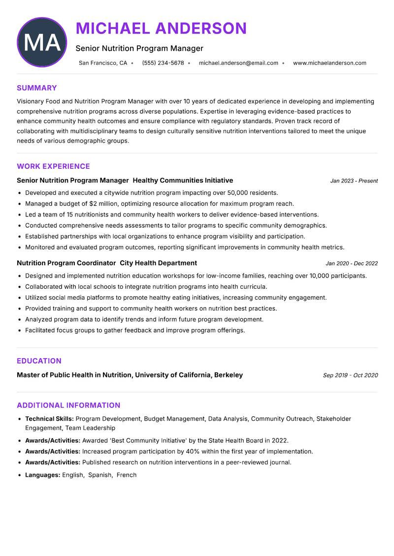 Food and Nutrition Program Manager Resume Preview Example