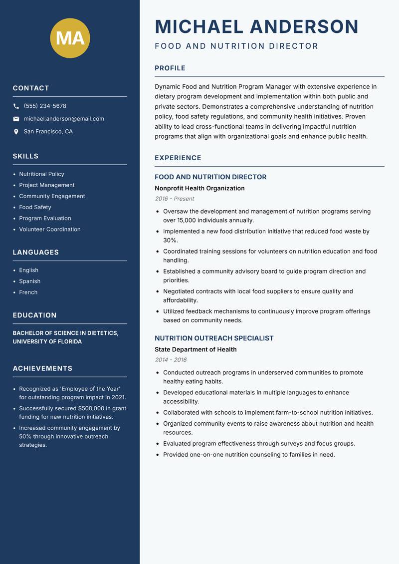 Food and Nutrition Program Manager Resume Preview Example