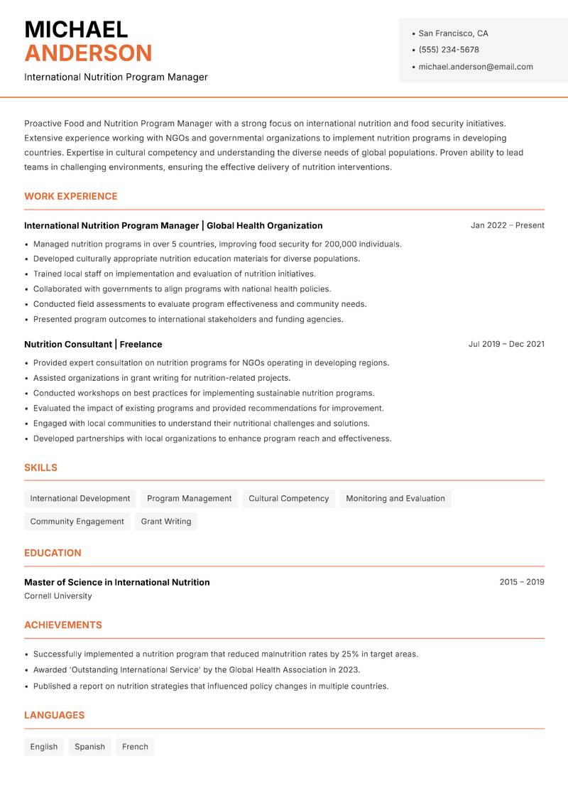 Food and Nutrition Program Manager Resume Template