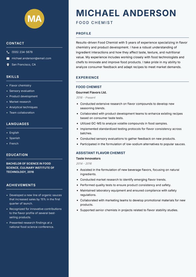 Food Chemist Resume Preview Example