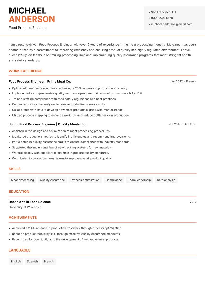 Food Process Engineer Resume Template