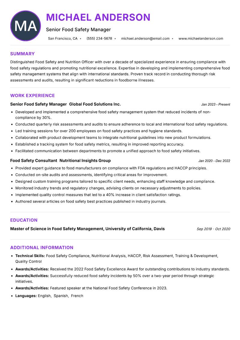 Food Safety and Nutrition Officer Resume Preview Example