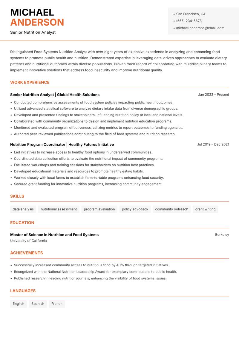 Food Systems Nutrition Analyst Resume Template