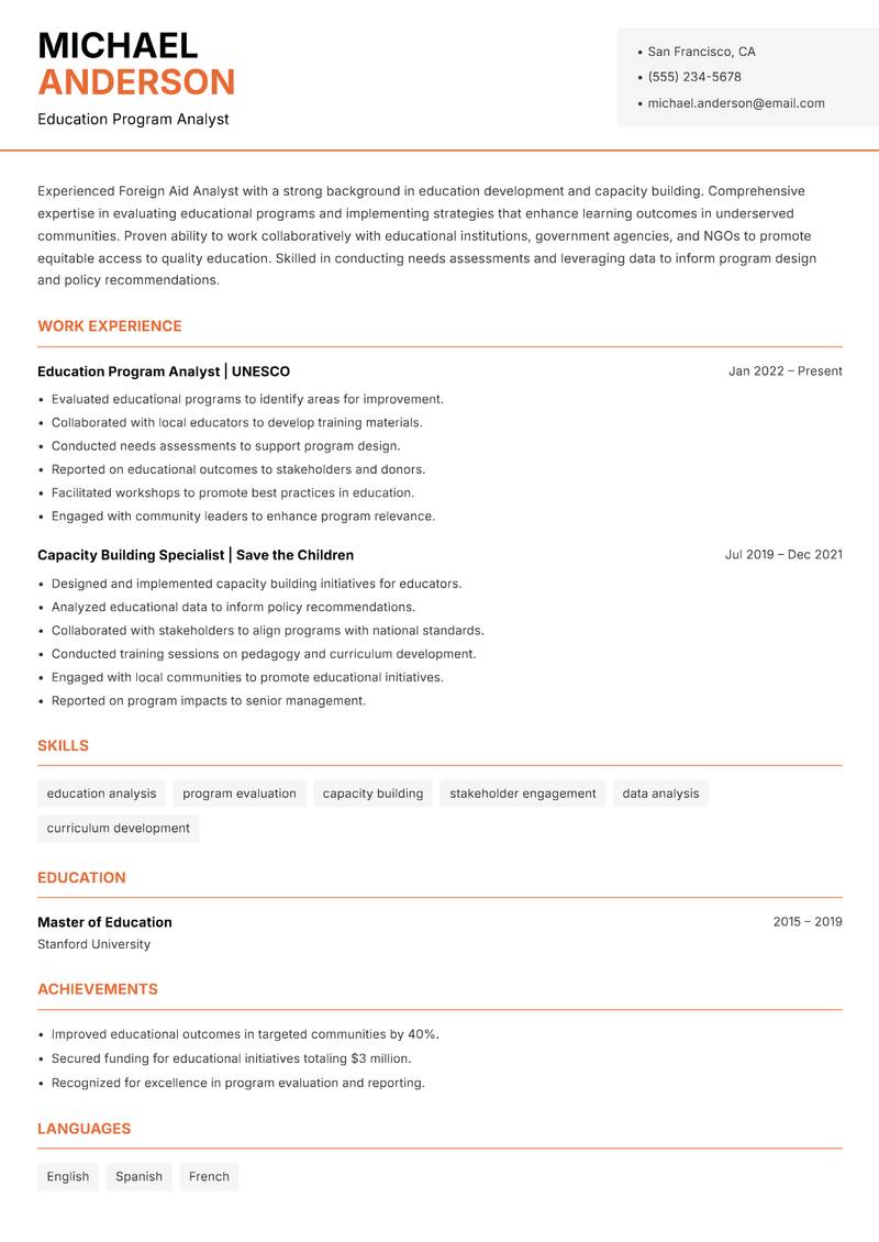 Foreign Aid Analyst Resume Template