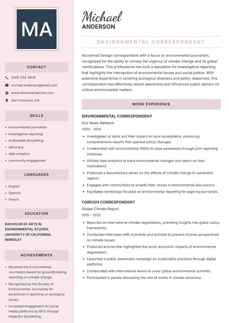 Foreign Correspondent Resume Preview Example
