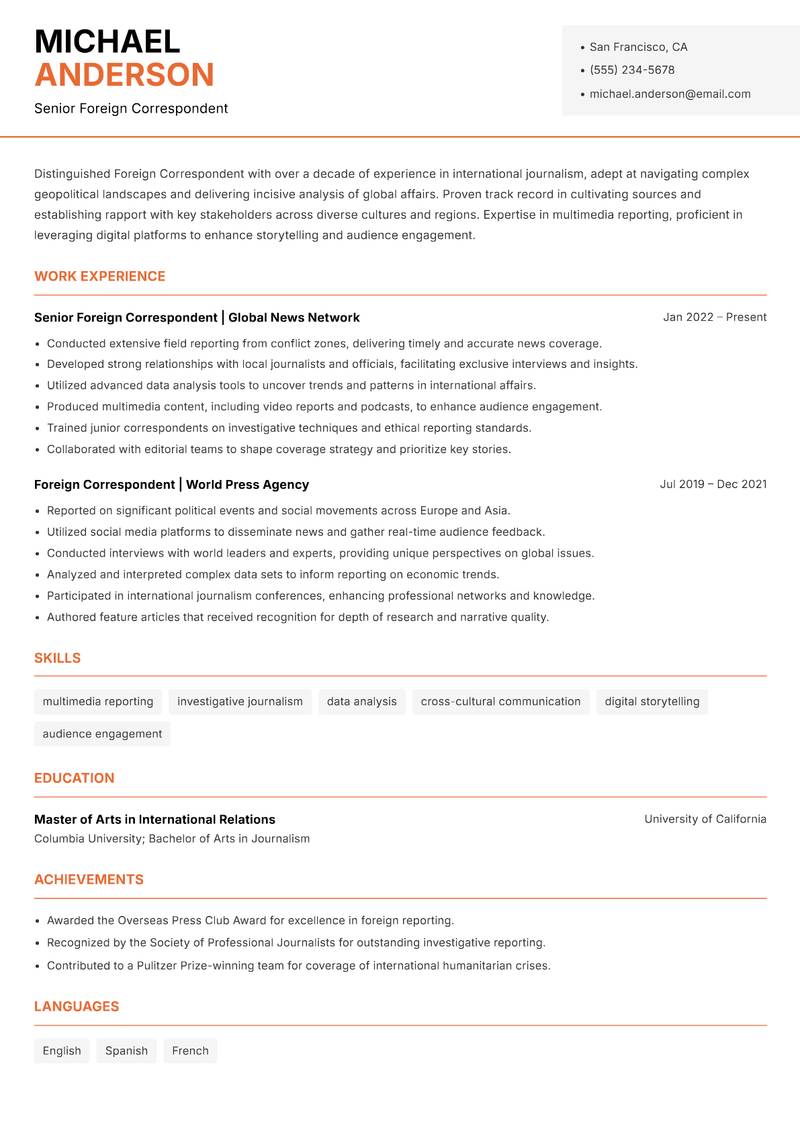 Foreign Correspondent Resume Template