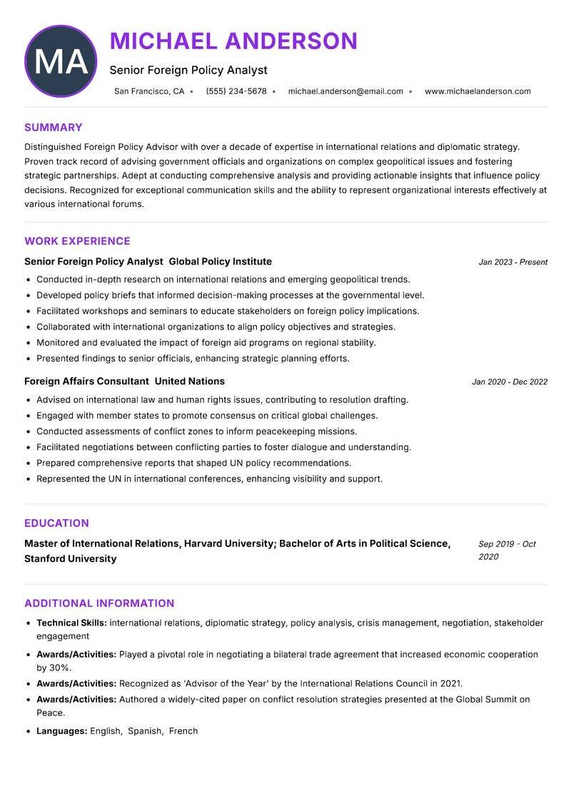 Foreign Policy Advisor Resume Preview Example