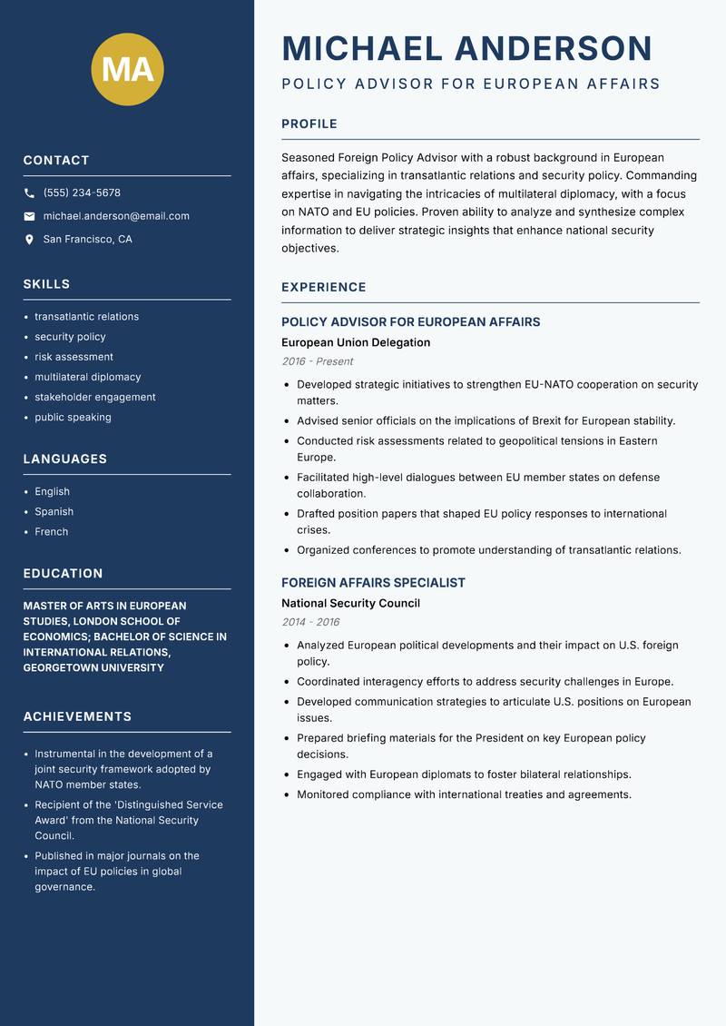 Foreign Policy Advisor Resume Preview Example