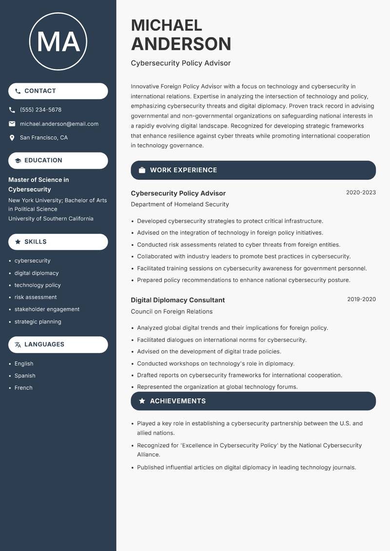 Foreign Policy Advisor Resume Preview Example