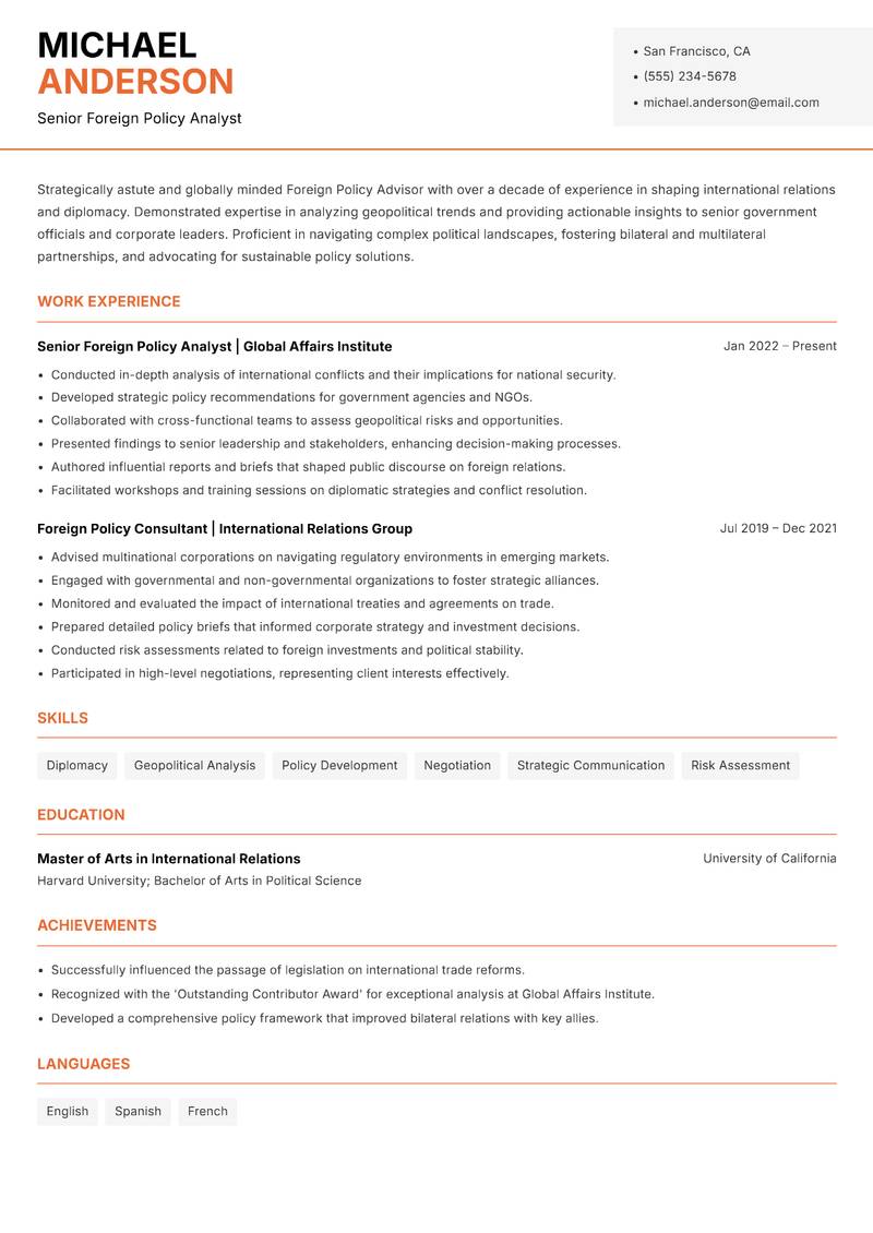 Foreign Policy Advisor Resume Template