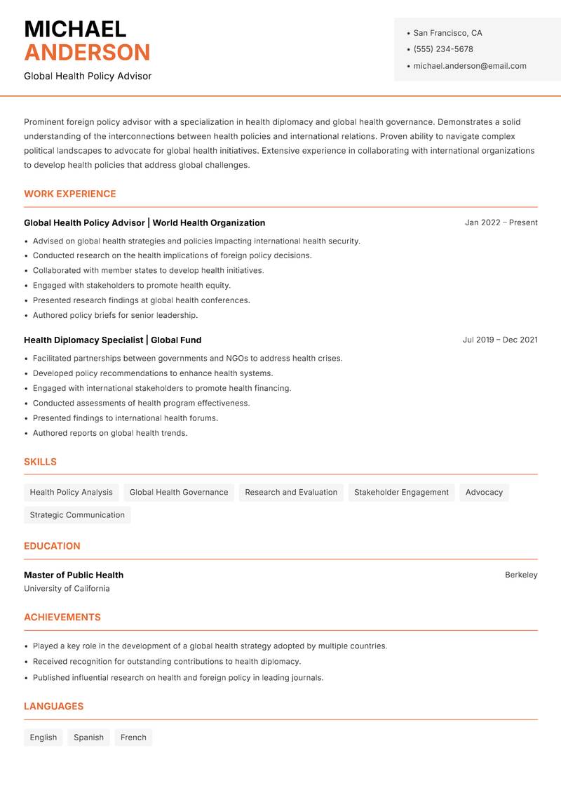 Foreign Policy Analyst Resume Template