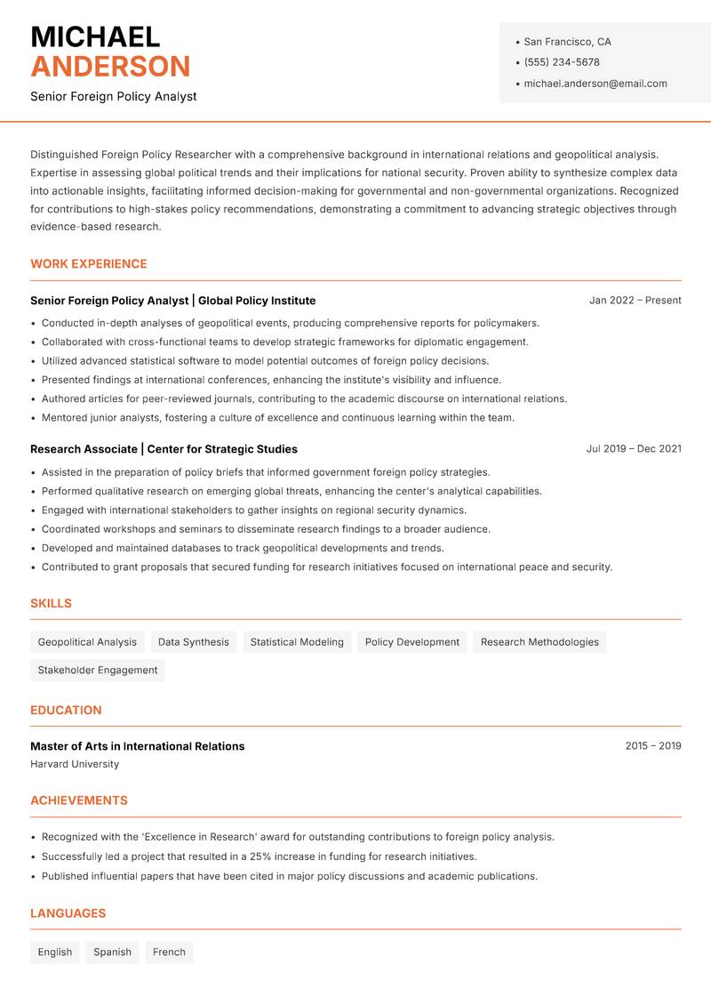 Foreign Policy Researcher Resume Template