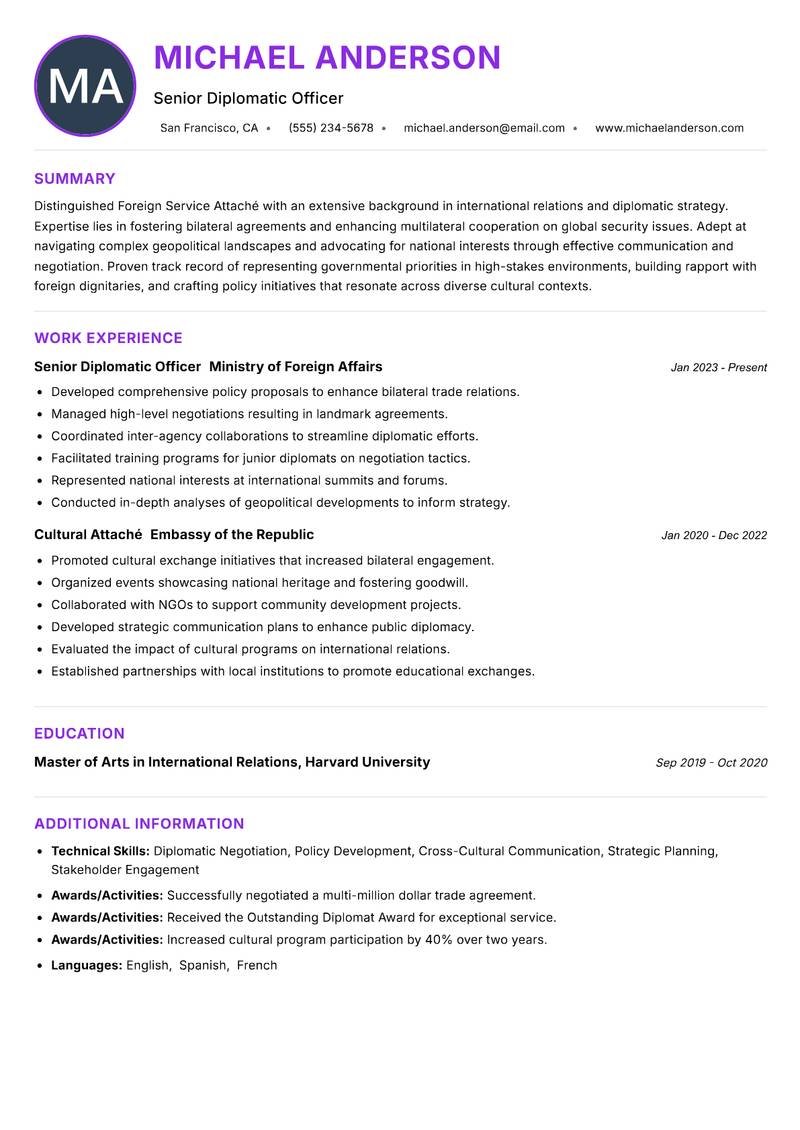 Foreign Service Attaché Resume Preview Example