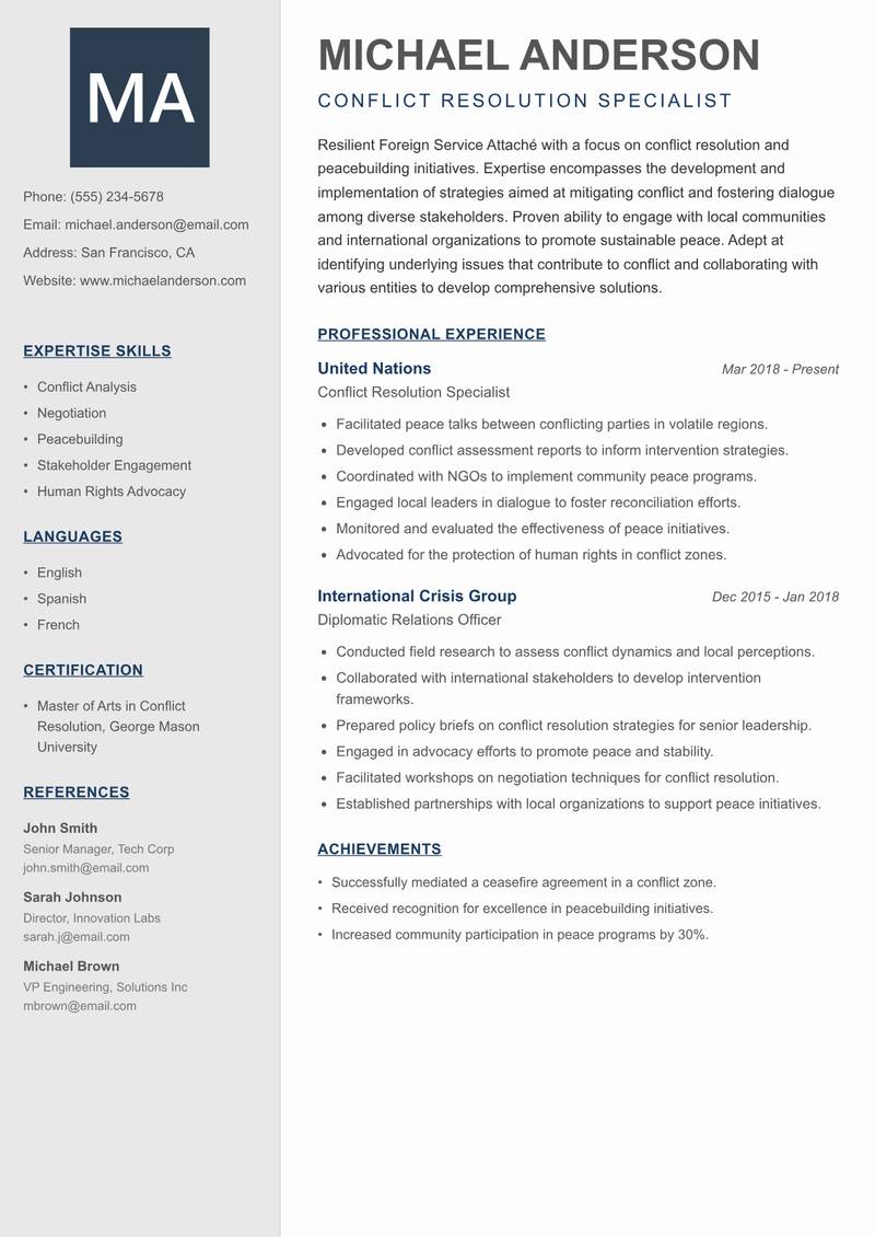 Foreign Service Attaché Resume Preview Example