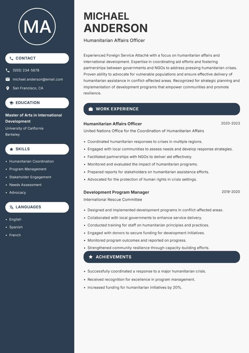 Foreign Service Attaché Resume Preview Example