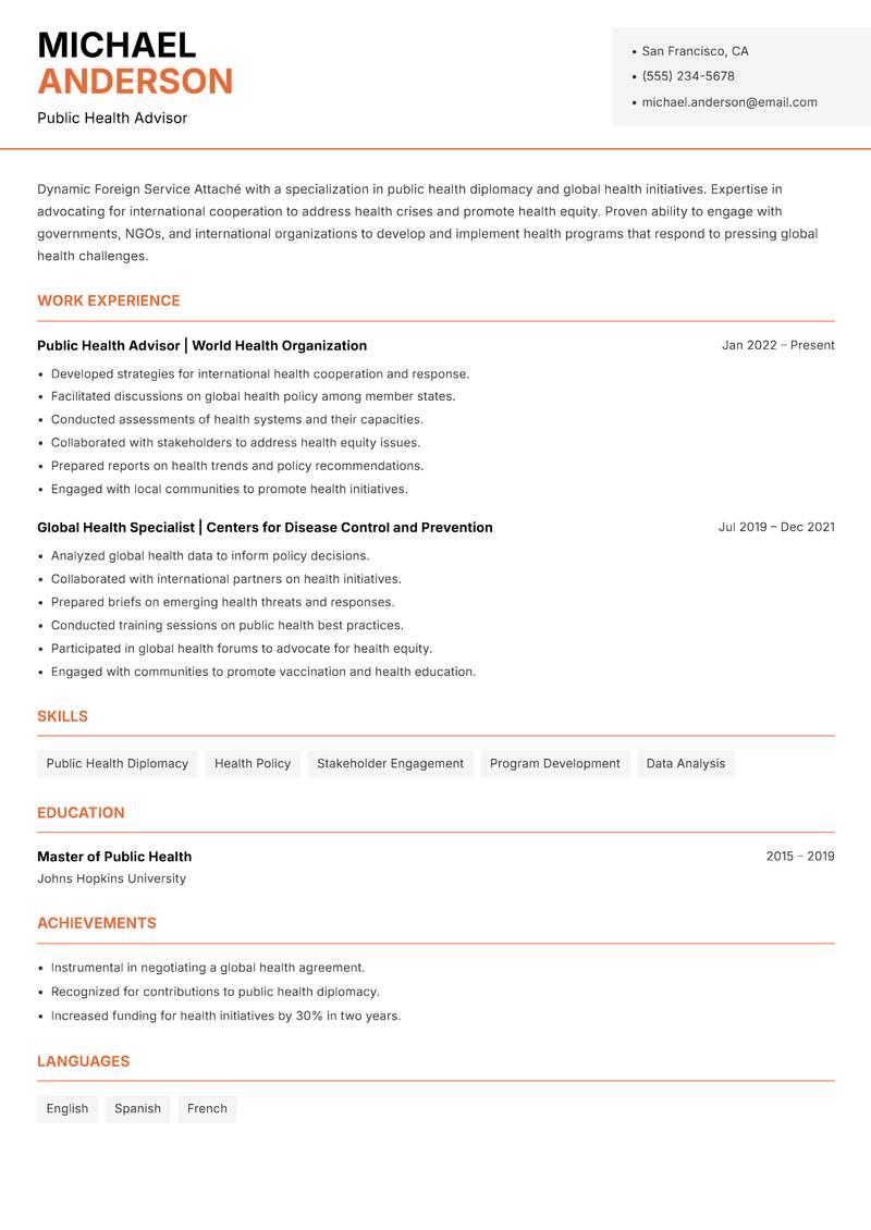 Foreign Service Attaché Resume Template