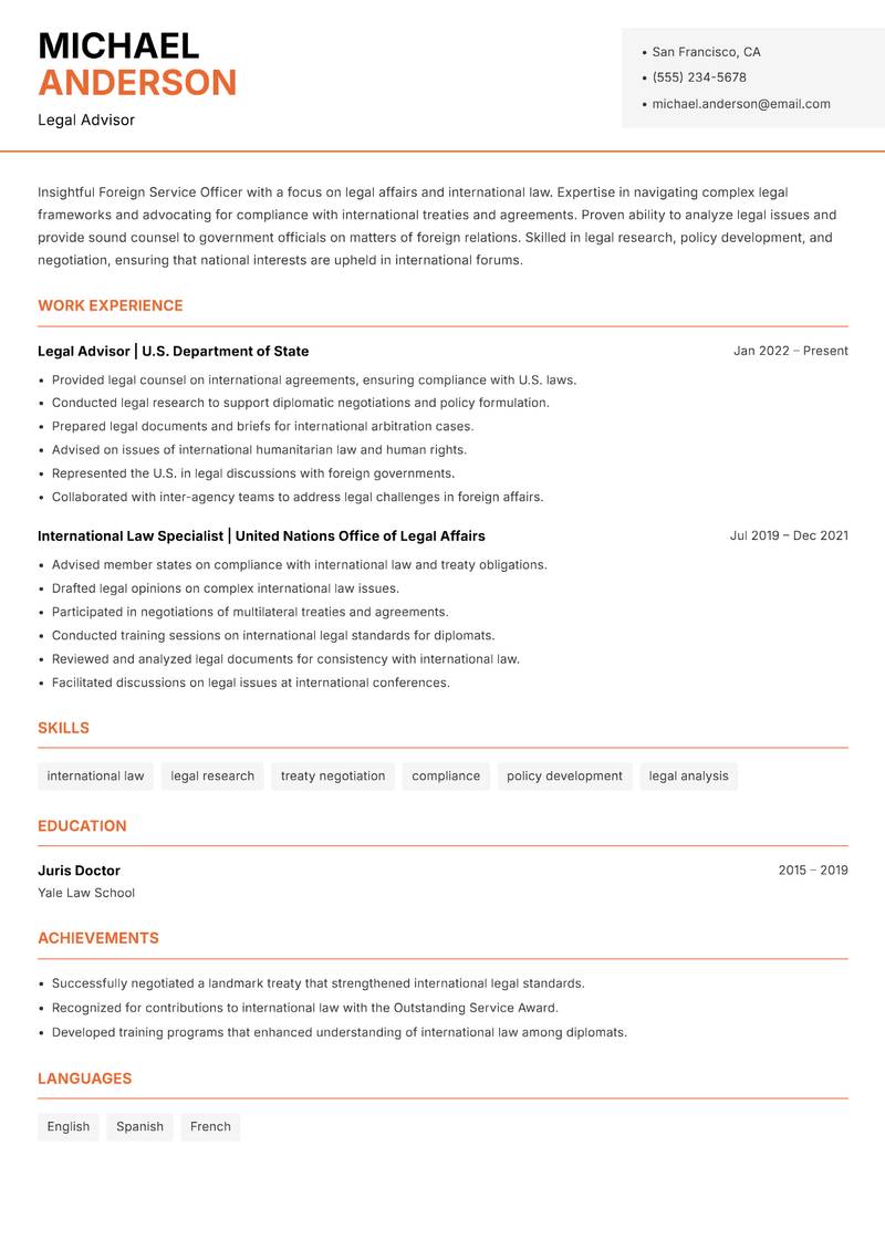 Foreign Service Officer Resume Template