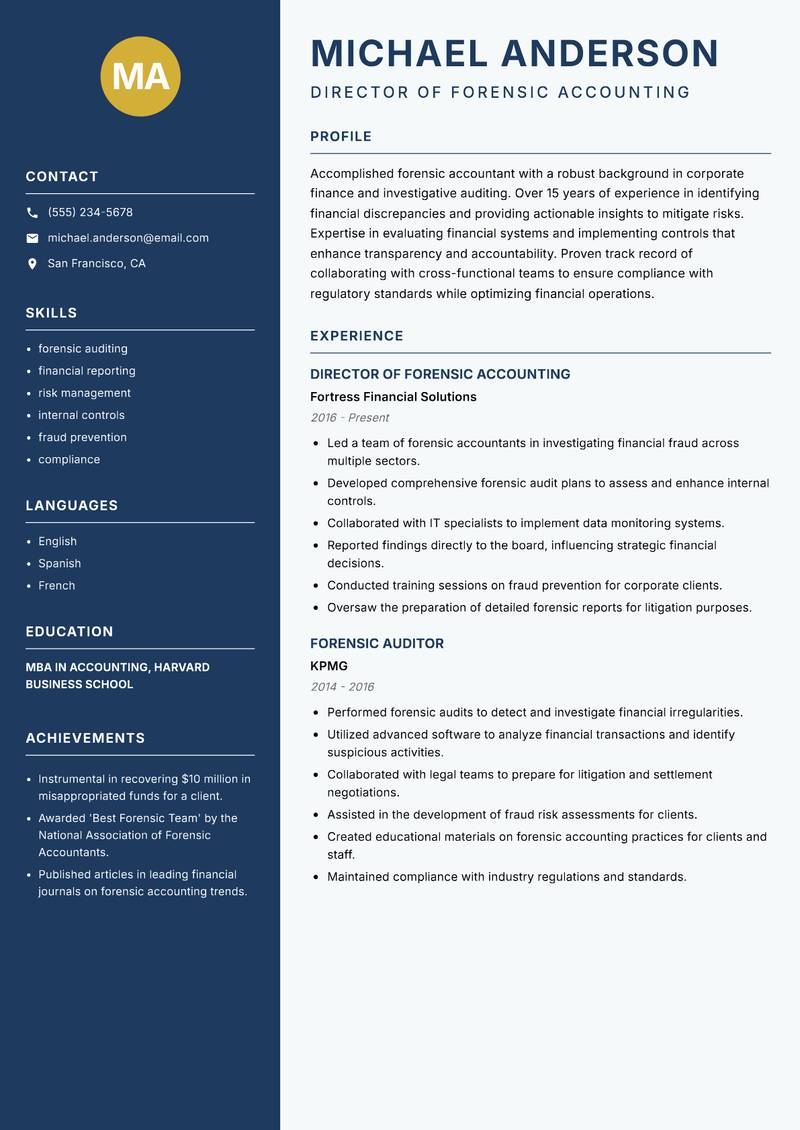 Forensic Accountant Resume Preview Example