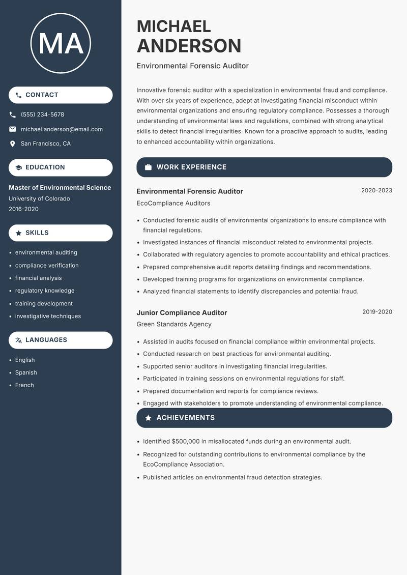 Forensic Auditor Resume Preview Example