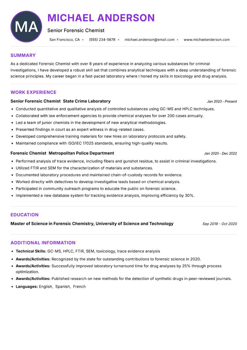 Forensic Chemist Resume Preview Example